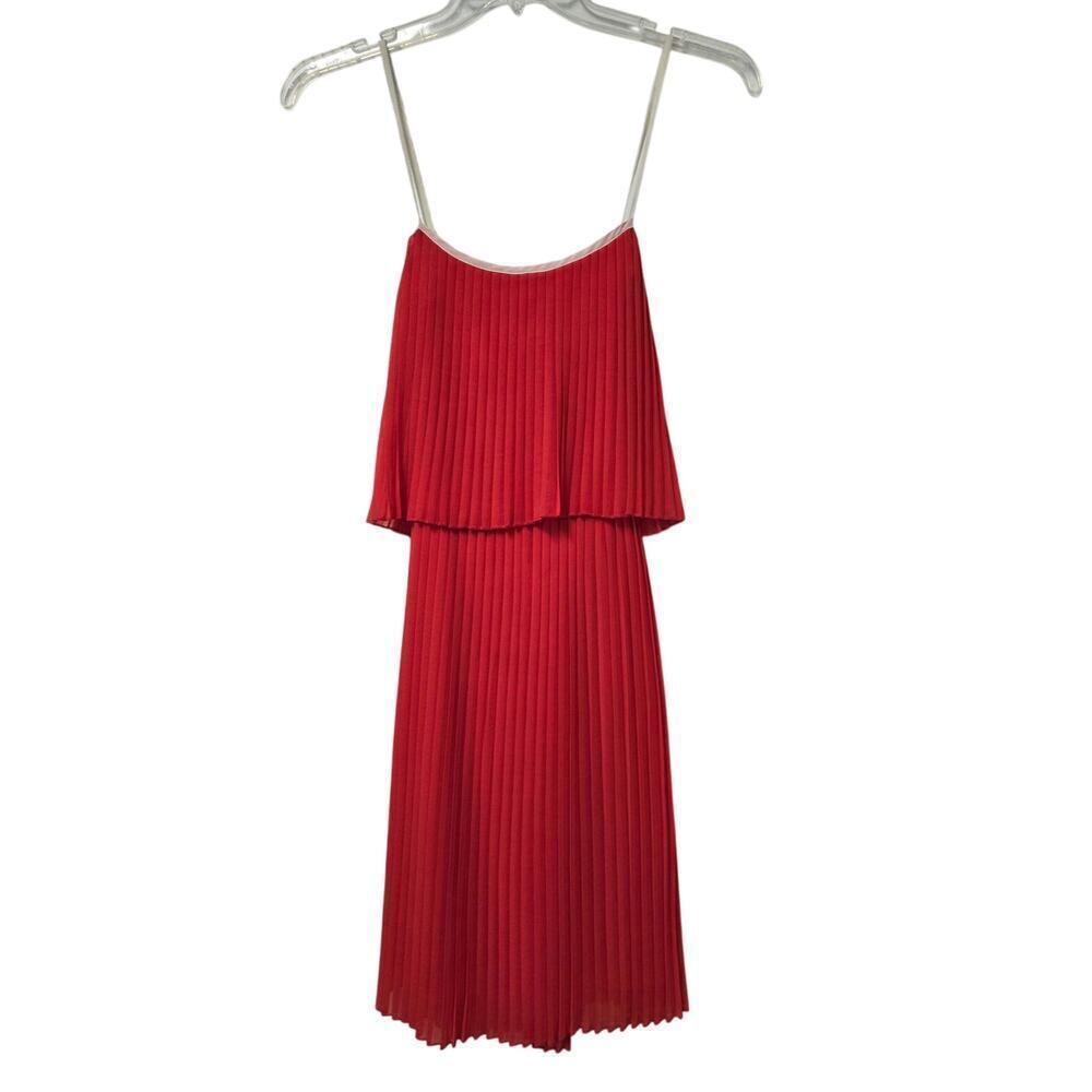 Esley Womens Pleated Lined Mini Dress Size Medium Red Orange Tiered Wedding Gues